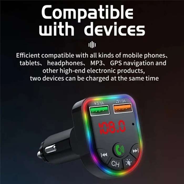 P5 Support U Disk Colorful Ambient Light Car Charger Digital Display Bluetooth Wireless Car MP3 Play