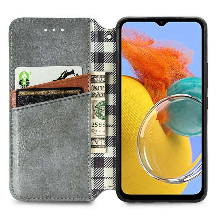 For Samsung Galaxy M14 4G Cubic Grid Pressed Magnetic Leather Phone Case(Grey)