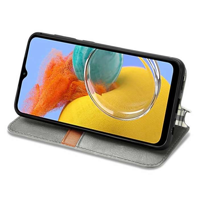 For Samsung Galaxy M14 4G Cubic Grid Pressed Magnetic Leather Phone Case(Grey)