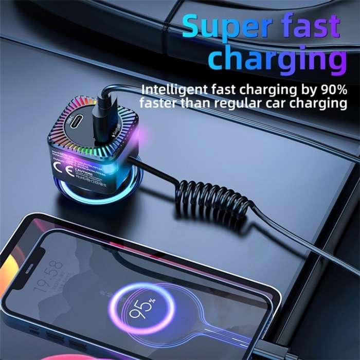With Spring Type-C Cable USB + Type-C PD 30W Phone Fast Charging Adapter Car Charger