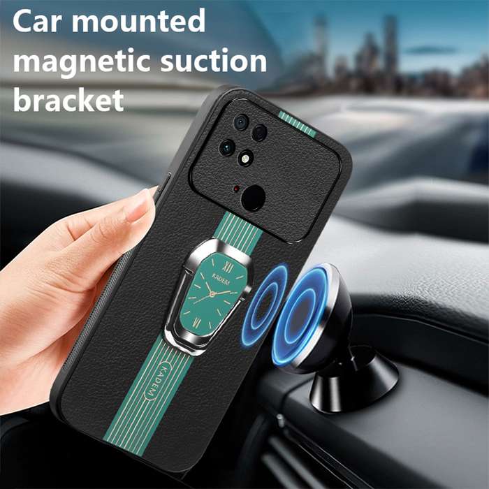 For Xiaomi Poco C40 Magnetic Litchi Leather Back Phone Case with Holder(Green)