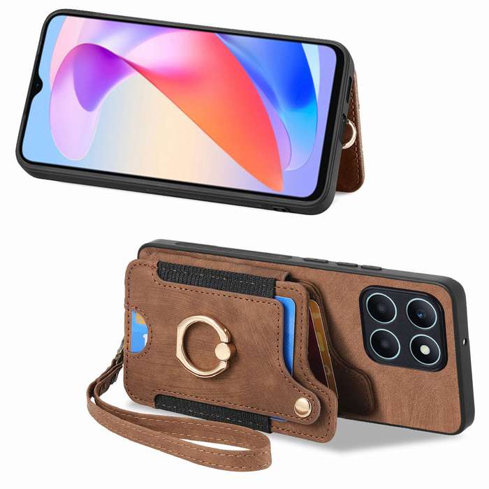 For Honor X6a Retro Skin-feel Ring Multi-card RFID Wallet Phone Case(Brown)