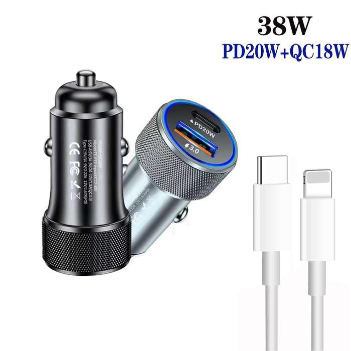 P19 Metal PD20W USB-C + QC18W USB Car Charger with Type-C to 8 Pin Date Cable(Black)