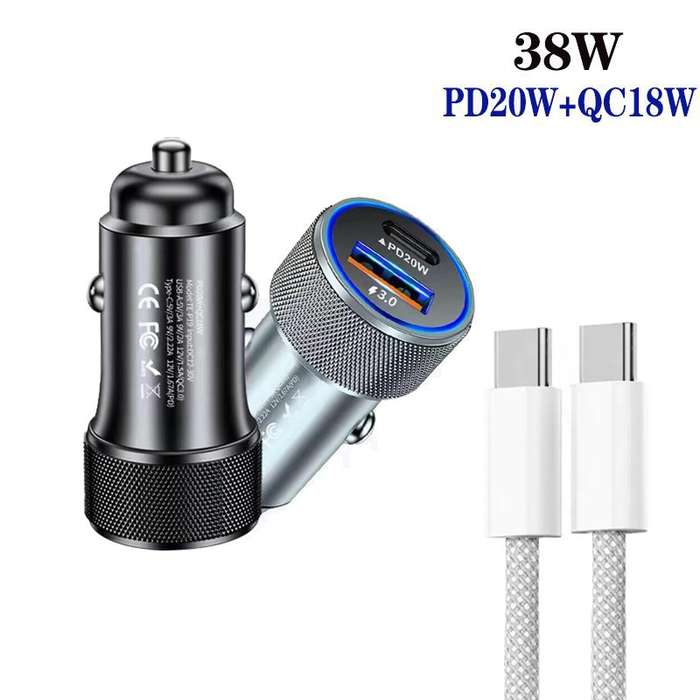 P19 Metal PD20W USB-C + QC18W USB Car Charger with USB-C to USB-C Date Cable for iPhone 15 series(Si