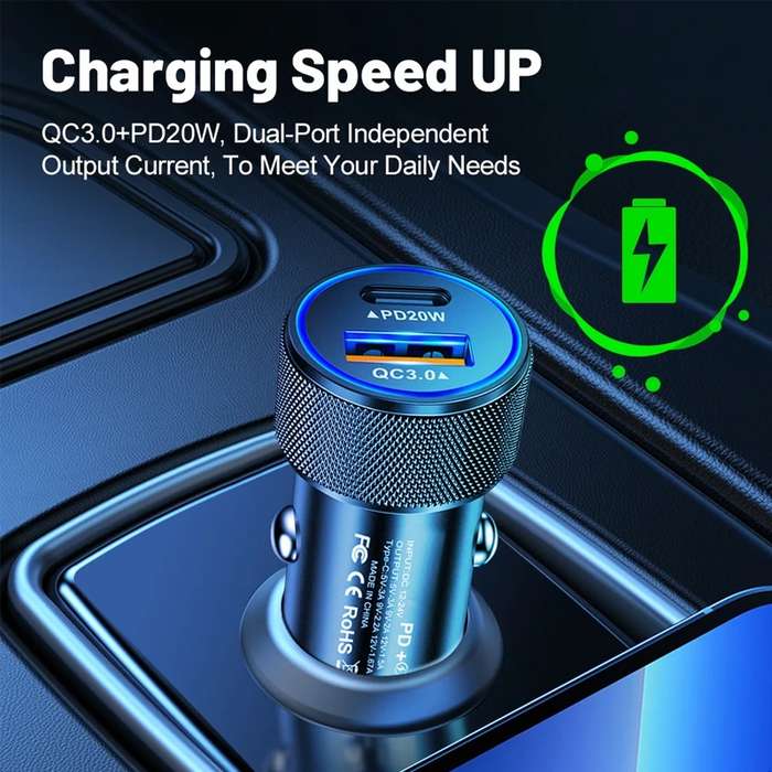P19 Metal PD20W USB-C + QC18W USB Car Charger with USB-C to USB-C Date Cable for iPhone 15 series(Si
