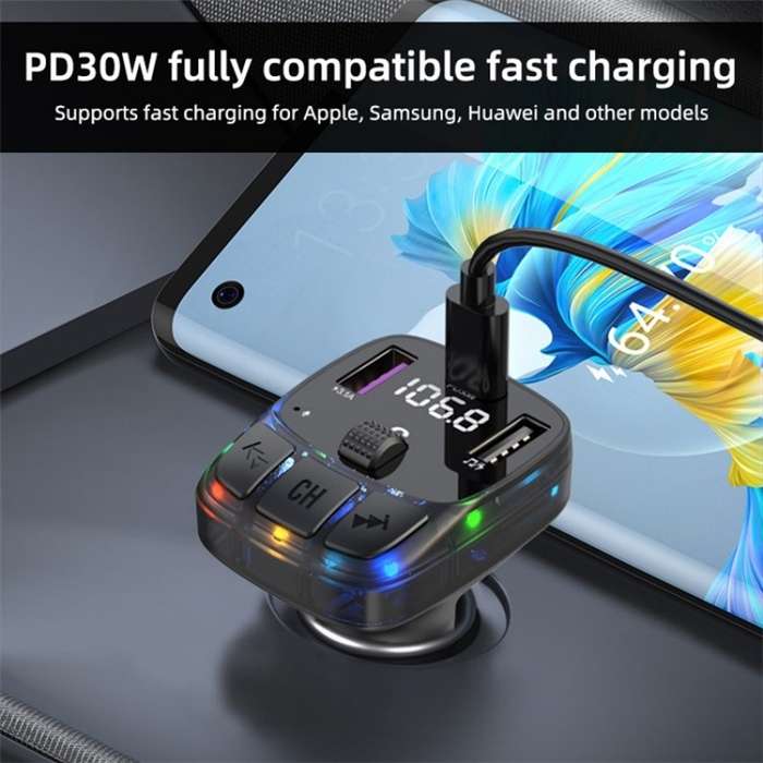 C57 PD Type-C + Dual USB Car Charger Colorful Light Car Bluetooth Adapter FM Transmitter