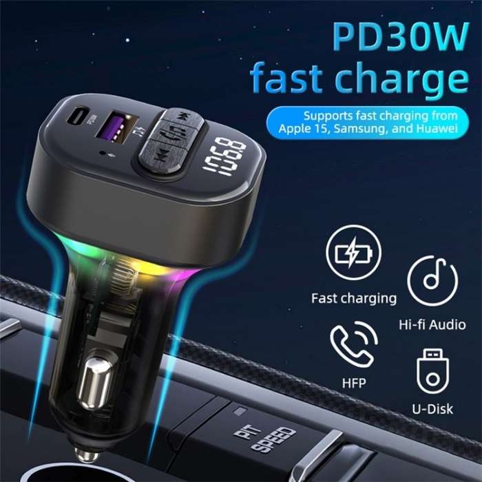 C50 Type-C + USB Car Charger Colorful Light Car Bluetooth Adapter FM Transmitter MP3 Player