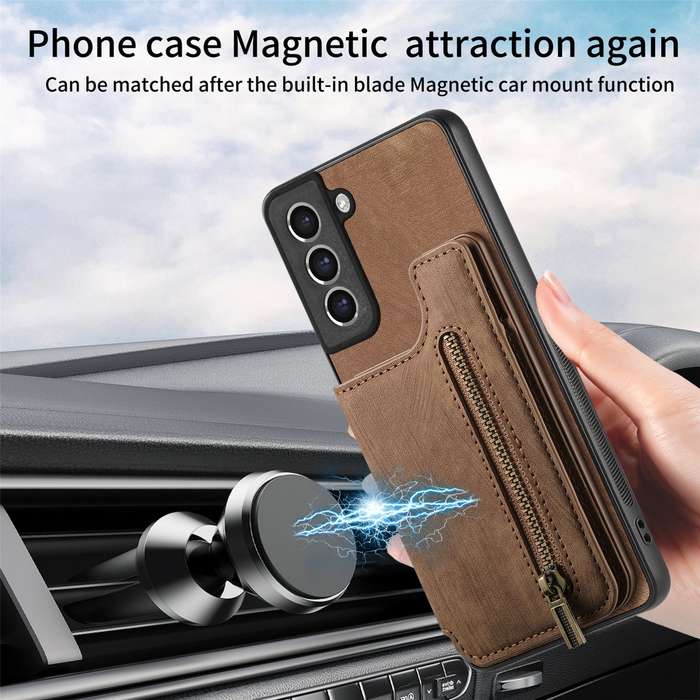 For Samsung Galaxy S21 5G Retro Leather Zipper Wallet Back Phone Case(Brown)