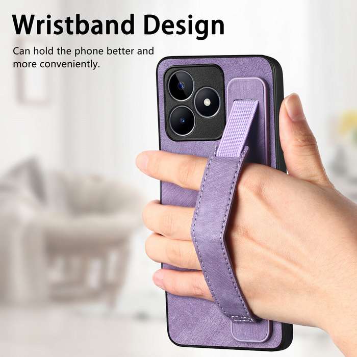 For Realme C21 Retro Wristband Holder Leather Back Phone Case(Purple)
