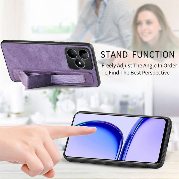 For Realme C21 Retro Wristband Holder Leather Back Phone Case(Purple)