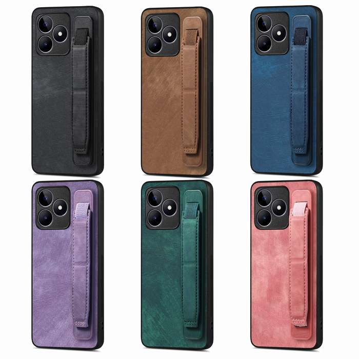 For Realme C21 Retro Wristband Holder Leather Back Phone Case(Purple)