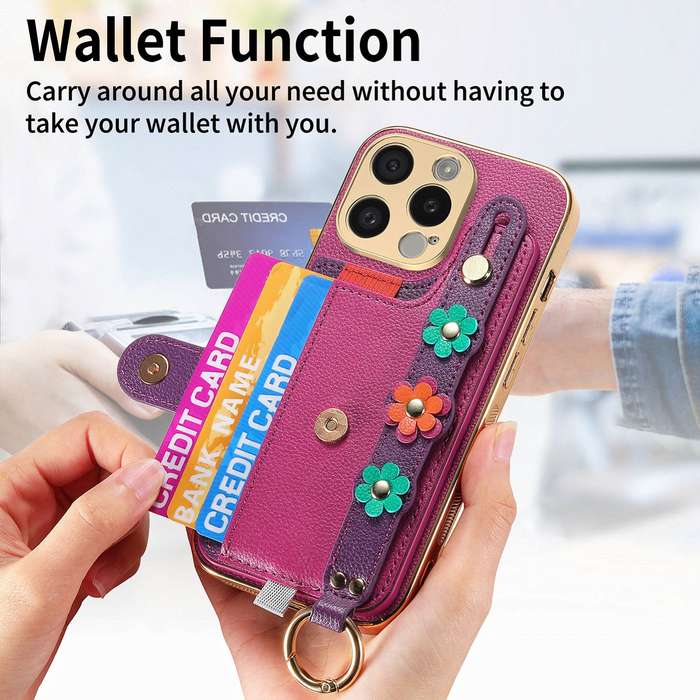 For iPhone 13 Stereoscopic Flowers Wristband Card Bag Phone Case(Purple)