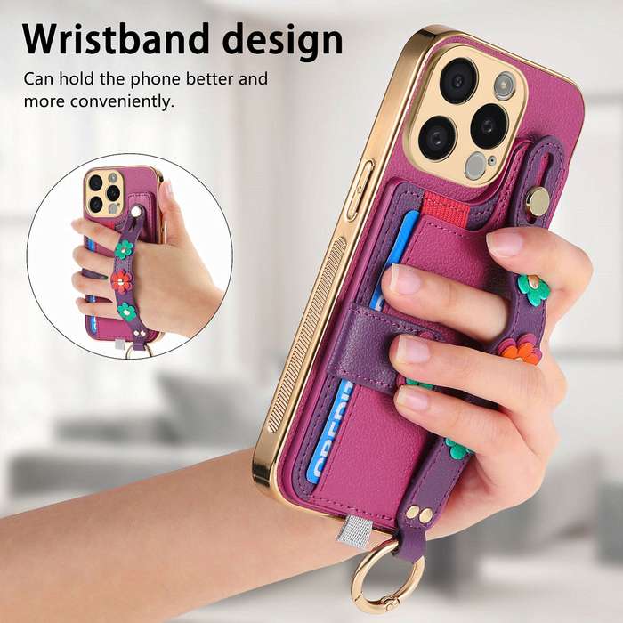 For iPhone 13 Stereoscopic Flowers Wristband Card Bag Phone Case(Purple)