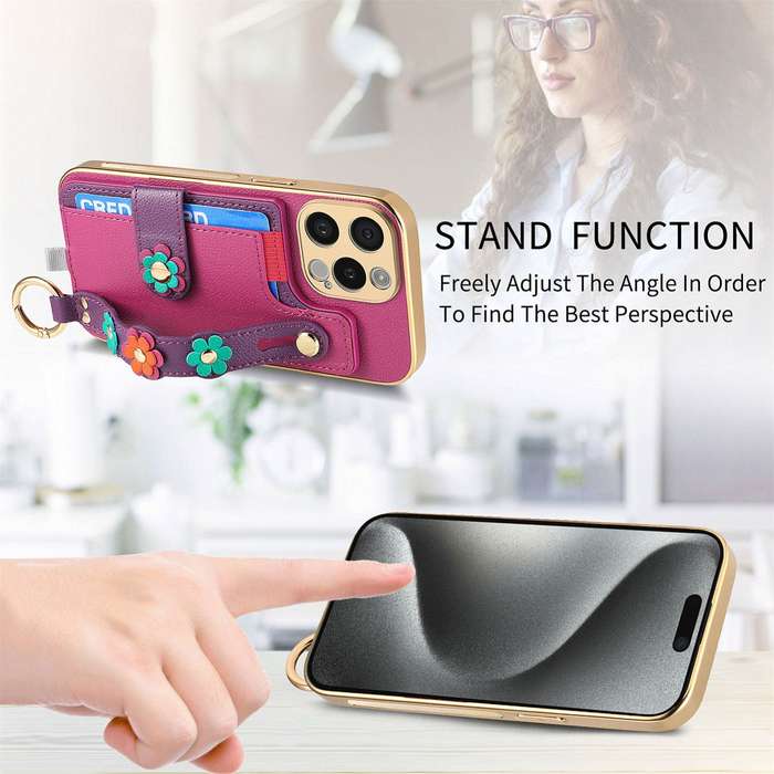 For iPhone 13 Stereoscopic Flowers Wristband Card Bag Phone Case(Purple)