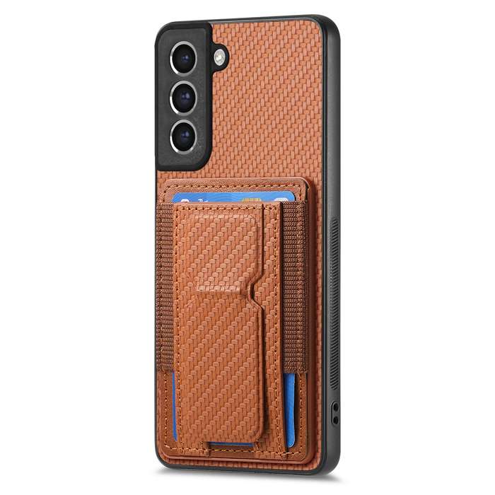 For Samsung Galaxy S21 FE 5G Carbon Fiber Fold Stand Elastic Card Bag Phone Case(Brown)