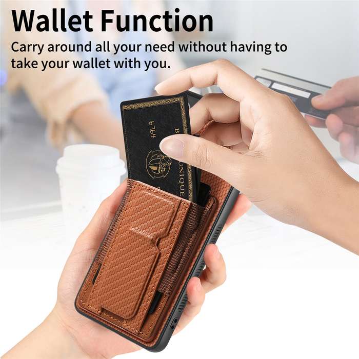 For Samsung Galaxy S21 FE 5G Carbon Fiber Fold Stand Elastic Card Bag Phone Case(Brown)