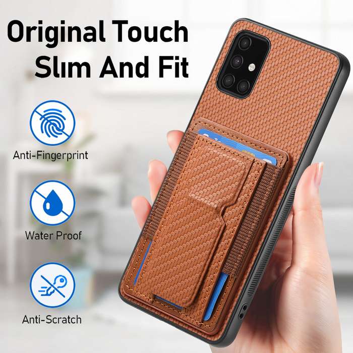 For Samsung Galaxy A71 4G Carbon Fiber Fold Stand Elastic Card Bag Phone Case(Brown)