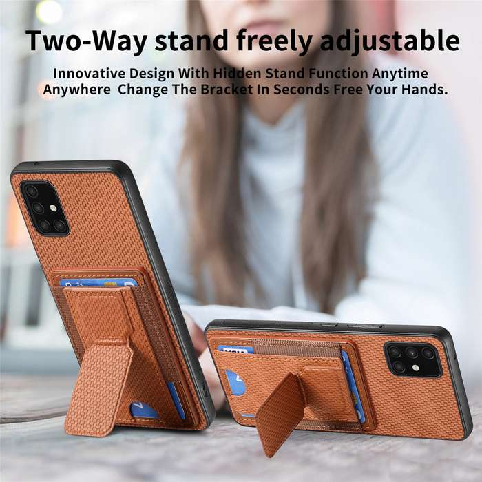 For Samsung Galaxy A71 4G Carbon Fiber Fold Stand Elastic Card Bag Phone Case(Brown)