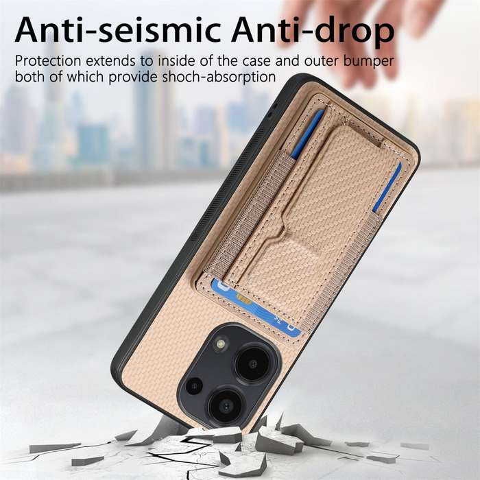 For Xiaomi 12 Pro Carbon Fiber Fold Stand Elastic Card Bag Phone Case(Khaki)