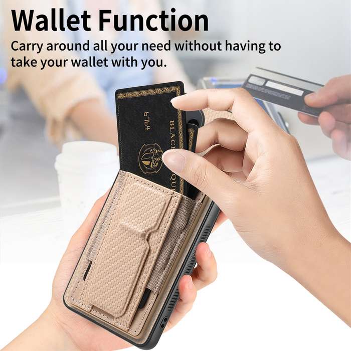 For Xiaomi 12 Pro Carbon Fiber Fold Stand Elastic Card Bag Phone Case(Khaki)