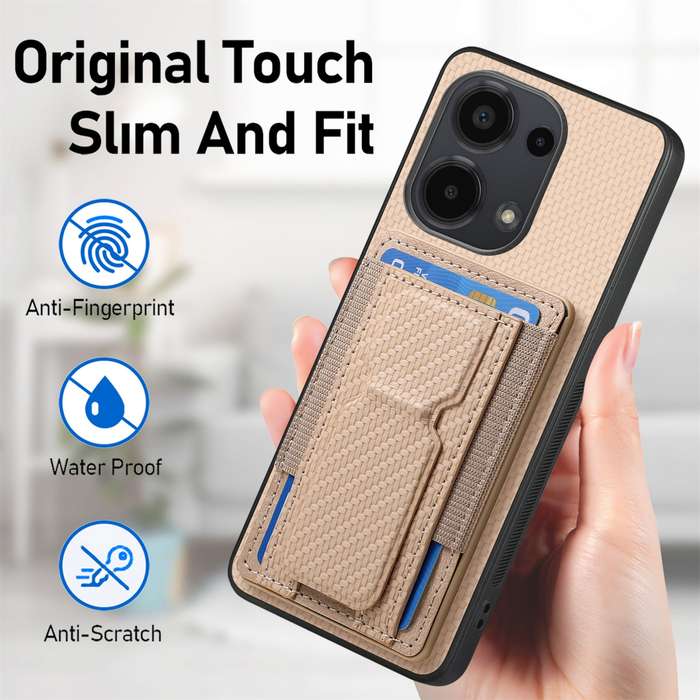 For Xiaomi 12 Pro Carbon Fiber Fold Stand Elastic Card Bag Phone Case(Khaki)