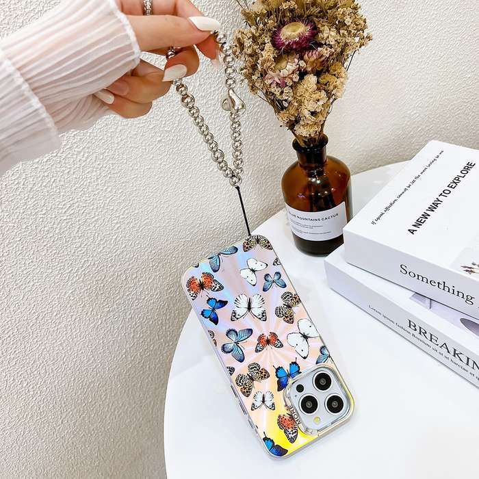 For iPhone 14 Pro Electroplating Laser Butterfly Phone Case with Wrist Strap(Color Butterflies