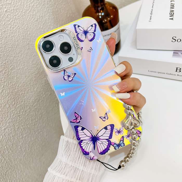 For iPhone 14 Pro Electroplating Laser Butterfly Phone Case with Wrist Strap(Color Butterflies