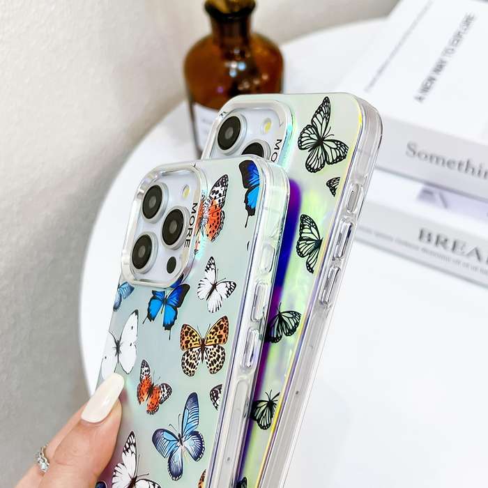 For iPhone 14 Pro Electroplating Laser Butterfly Phone Case with Wrist Strap(Color Butterflies