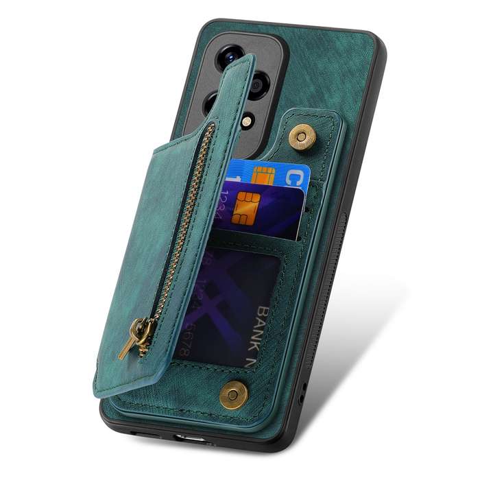 For Honor 70 Retro Leather Zipper Wallet Back Phone Case(Green)