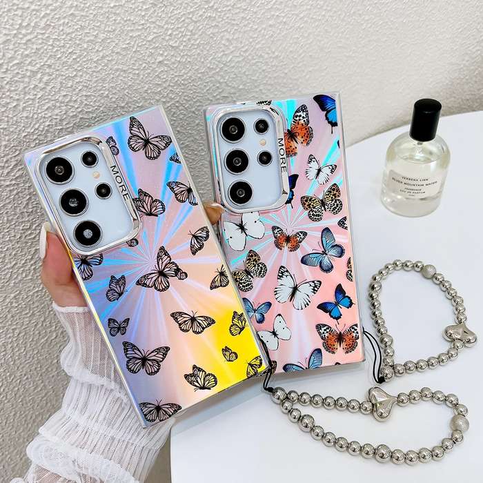 For Samsung Galaxy S23 Ultra 5G Electroplating Laser Butterfly Phone Case with Wrist Strap(Purp