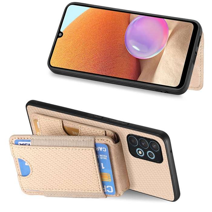 For Samsung Galaxy A32 4G Carbon Fiber Vertical Flip Wallet Stand Phone Case(Khaki)