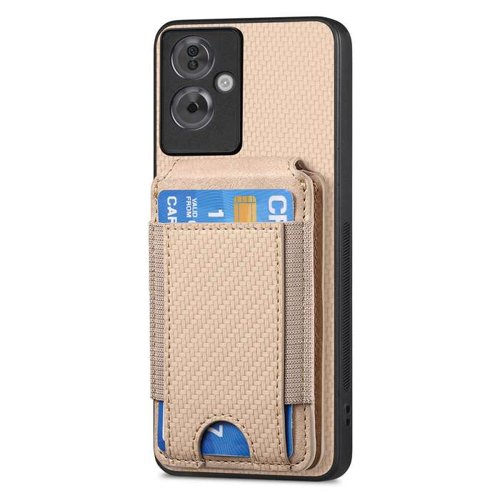 For OPPO Reno7 5G Carbon Fiber Vertical Flip Wallet Stand Phone Case(Khaki)
