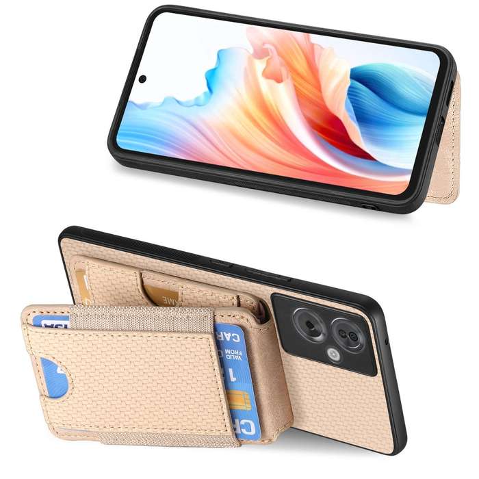 For OPPO Reno7 5G Carbon Fiber Vertical Flip Wallet Stand Phone Case(Khaki)