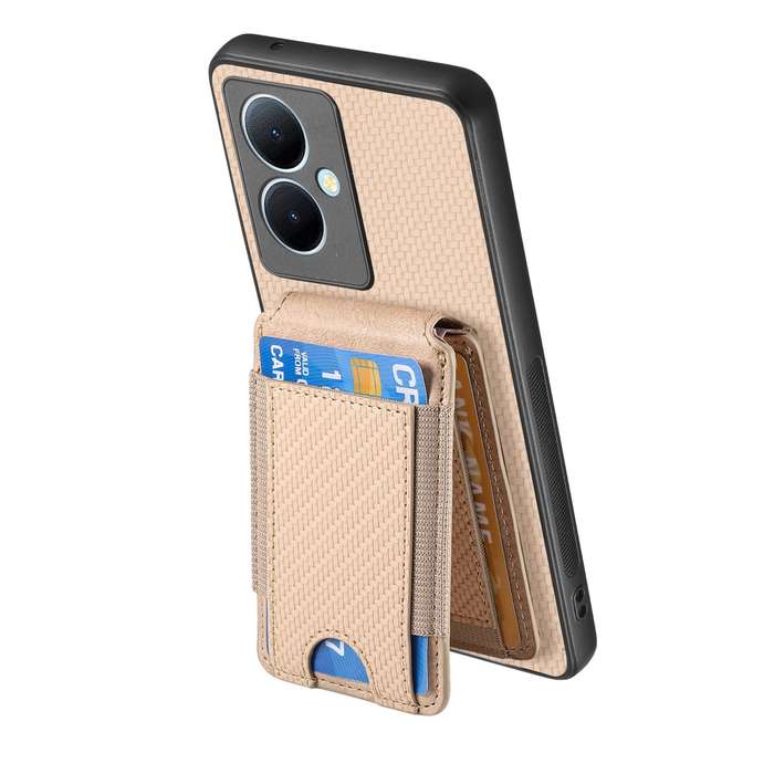 For vivo X60 Carbon Fiber Vertical Flip Wallet Stand Phone Case(Khaki)