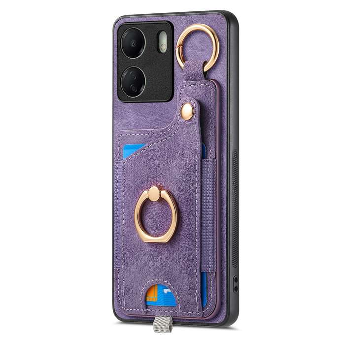 For Redmi 10 Retro Skin-feel Ring Card Bag Phone Case with Hang Loop(Purple)