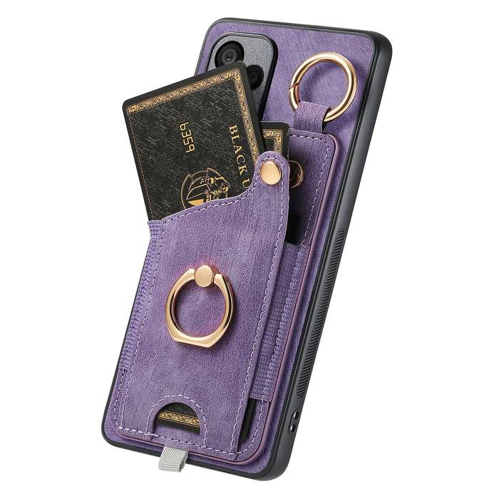 For Redmi 10 Retro Skin-feel Ring Card Bag Phone Case with Hang Loop(Purple)