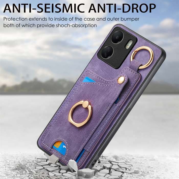 For Redmi 10 Retro Skin-feel Ring Card Bag Phone Case with Hang Loop(Purple)