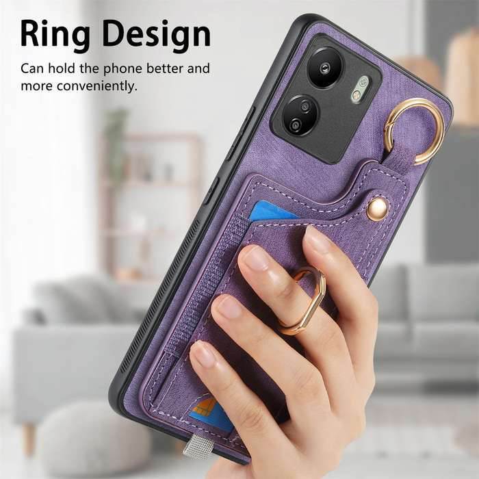 For Redmi 10 Retro Skin-feel Ring Card Bag Phone Case with Hang Loop(Purple)