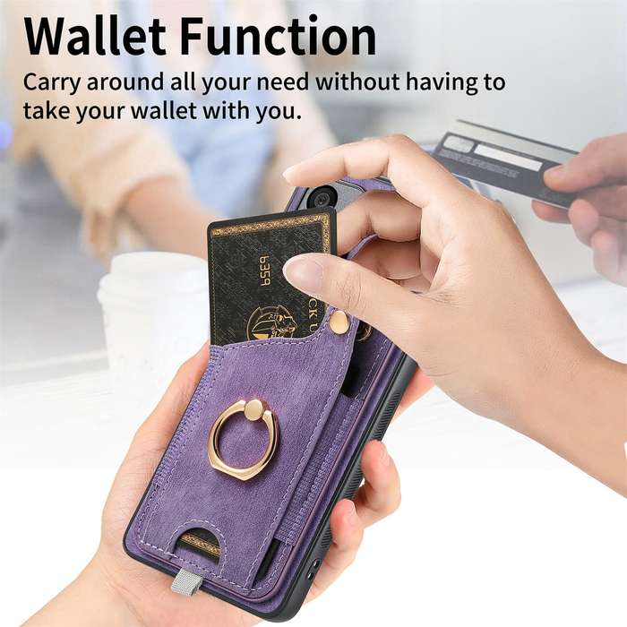 For Redmi 10 Retro Skin-feel Ring Card Bag Phone Case with Hang Loop(Purple)