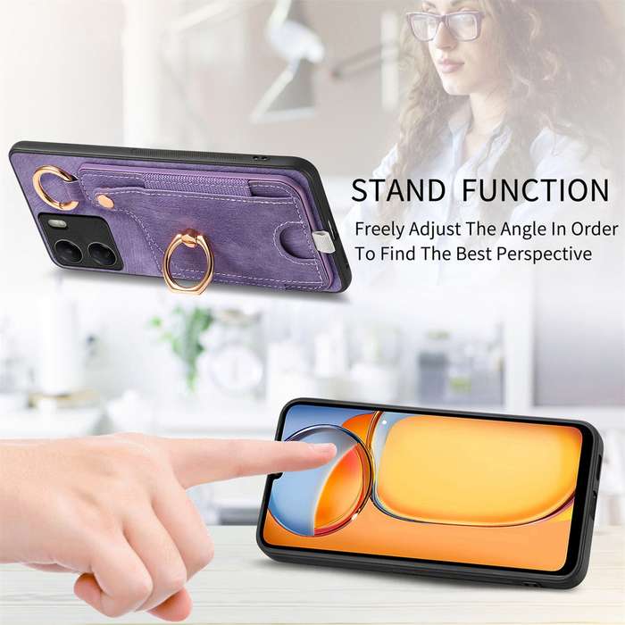 For Redmi 10 Retro Skin-feel Ring Card Bag Phone Case with Hang Loop(Purple)