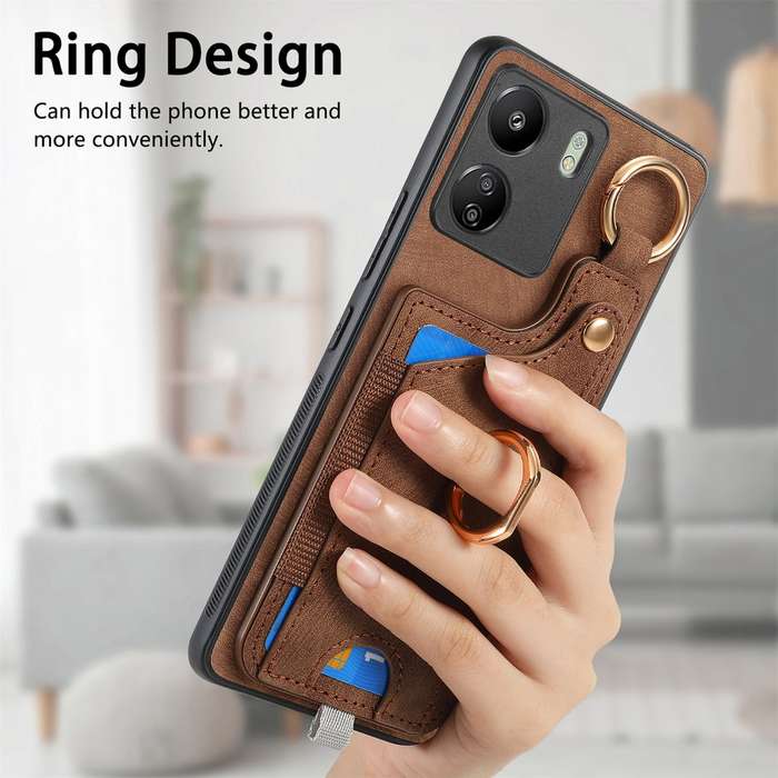 For Redmi K60 / 60 Pro Retro Skin-feel Ring Card Bag Phone Case with Hang Loop(Brown)