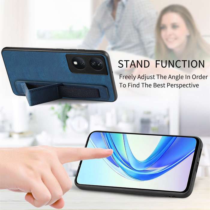 For Honor X7b Retro Wristband Holder Leather Back Phone Case(Blue)