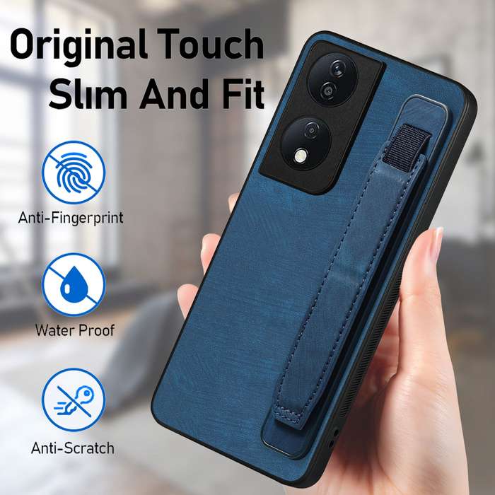 For Honor X7b Retro Wristband Holder Leather Back Phone Case(Blue)