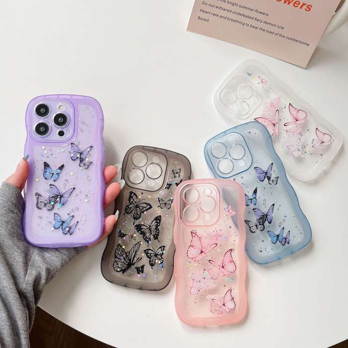 For iPhone 13 Pro Wave Edge Butterfly TPU Hybrid PC Phone Case(White)