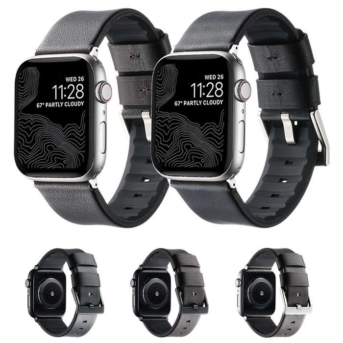 For Apple Watch SE 2023 44mm Genuine Leather Hybrid Silicone Watch Band(Coffee+Sliver Buckle)