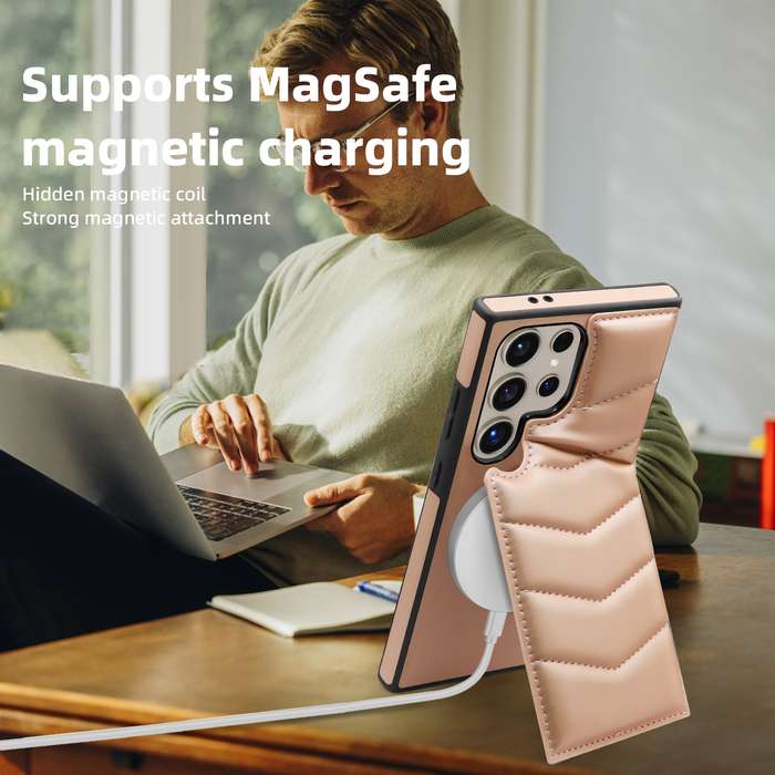 For Samsung Galaxy S24 Ultra 5G Down Jacket Card Bag Holder MagSafe Phone Case(Rose Gold)