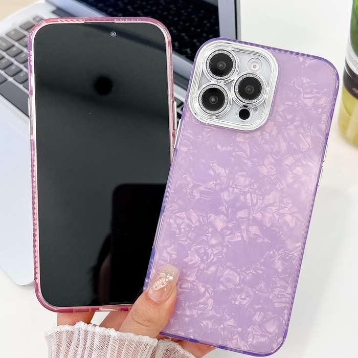 For iPhone 15 Plating Glitter Texture TPU Phone Case with Lens Film(Pink Shell Pattern)