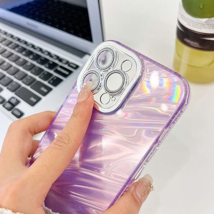 For iPhone 15 Plating Glitter Texture TPU Phone Case with Lens Film(Pink Shell Pattern)