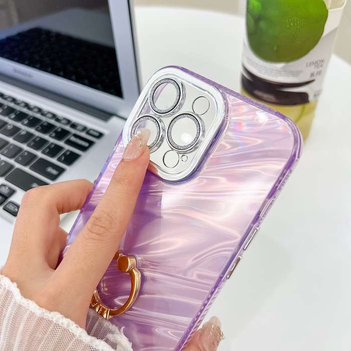For iPhone 15 Pro Plating Glitter Texture Ring Holder TPU Phone Case with Lens Film(White Feath
