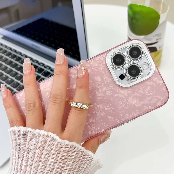 For iPhone 15 Pro Plating Glitter Texture Ring Holder TPU Phone Case with Lens Film(White Feath